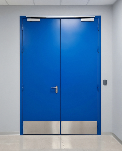 Двупольная синяя дверь с отбойниками Двупольная синяя дверь с отбойниками