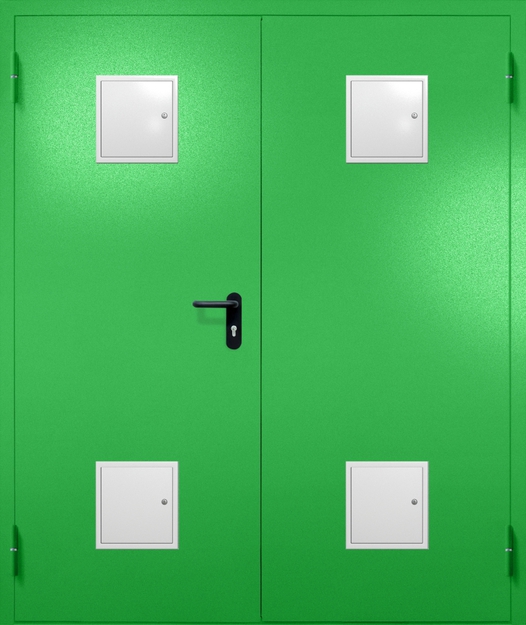 Двупольная противопожарная дверь EI-60 с четырьмя стыковочными узлами, окрас по RAL 6037 Двупольная противопожарная дверь EI-60 с четырьмя стыковочными узлами, окрас по RAL 6037