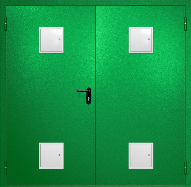 Двупольная противопожарная дверь EI-60 с четырьмя стыковочными узлами, окрас по RAL 6037 Двупольная противопожарная дверь EI-60 с четырьмя стыковочными узлами, окрас по RAL 6037