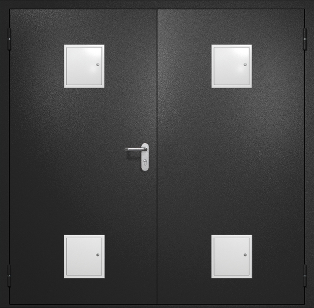 Двупольная противопожарная дверь EI-60 с четырьмя стыковочными узлами, окрас по RAL 9004 Двупольная противопожарная дверь EI-60 с четырьмя стыковочными узлами, окрас по RAL 9004