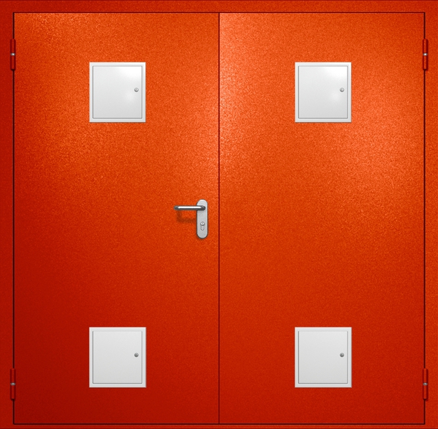 Двупольная противопожарная дверь EI-60 с четырьмя стыковочными узлами, окрас по RAL 3003 Двупольная противопожарная дверь EI-60 с четырьмя стыковочными узлами, окрас по RAL 3003