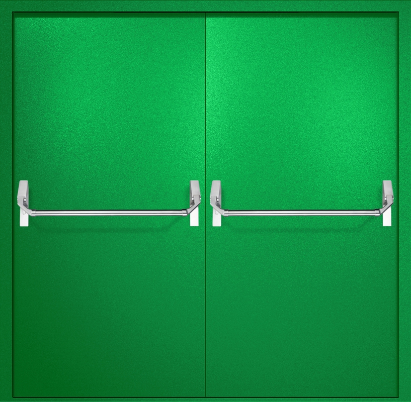 Двупольная противопожарная дверь EI-60 с ручками «Антипаника», окрас по RAL 6037 Двупольная противопожарная дверь EI-60 с ручками «Антипаника», окрас по RAL 6037