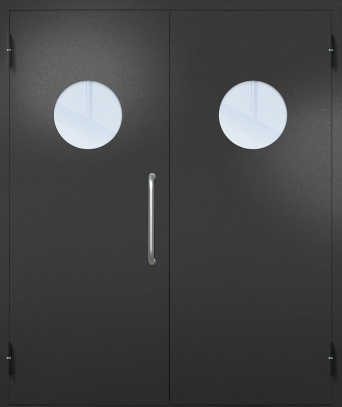 Двупольная техническая дверь с ручкой-скобой и круглыми стеклопакетами, окрас по RAL 9004