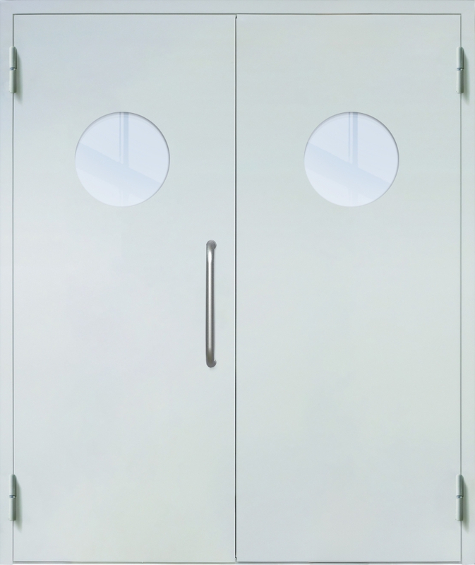 Двупольная техническая дверь с ручкой-скобой и круглыми стеклопакетами, окрас по RAL