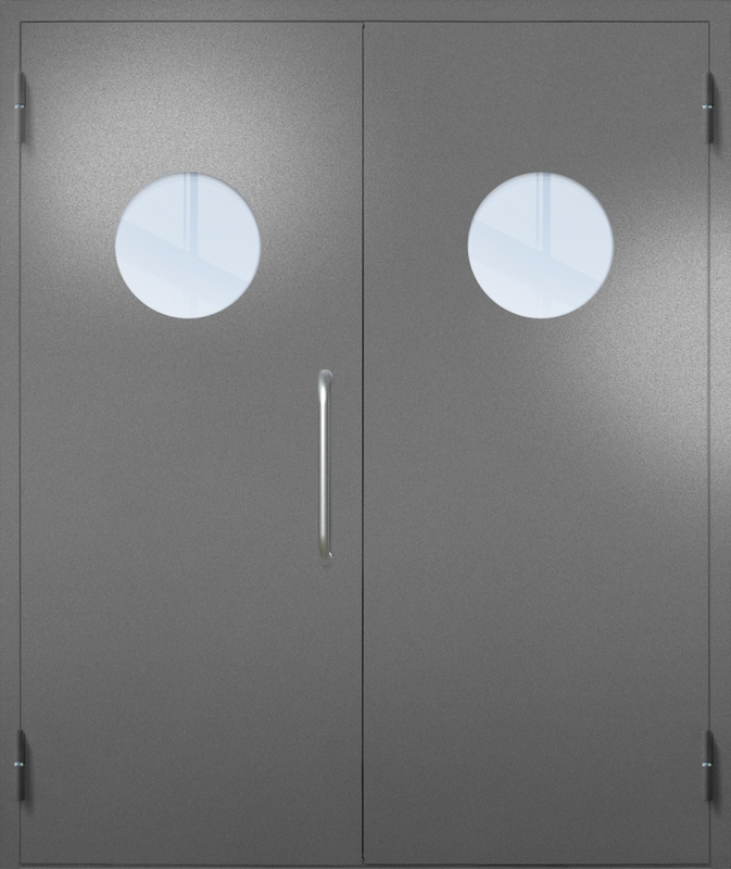 Двупольная техническая дверь с ручкой-скобой и круглыми стеклопакетами, окрас по RAL 7001