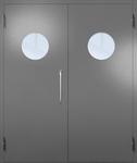 Двупольная техническая дверь с ручкой-скобой и круглыми стеклопакетами, окрас по RAL 7001