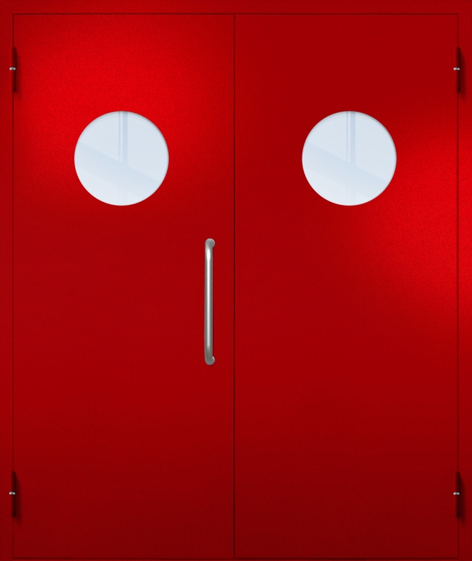 Двупольная техническая дверь с ручкой-скобой и круглыми стеклопакетами, окрас по RAL 3003