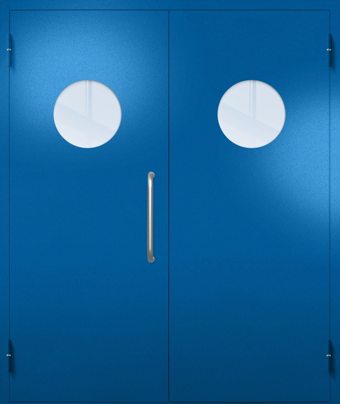 Двупольная техническая дверь с ручкой-скобой и круглыми стеклопакетами, окрас по RAL 5002