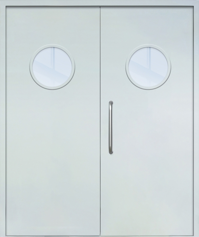 Двупольная техническая дверь с ручкой-скобой и круглыми стеклопакетами, окрас по RAL
