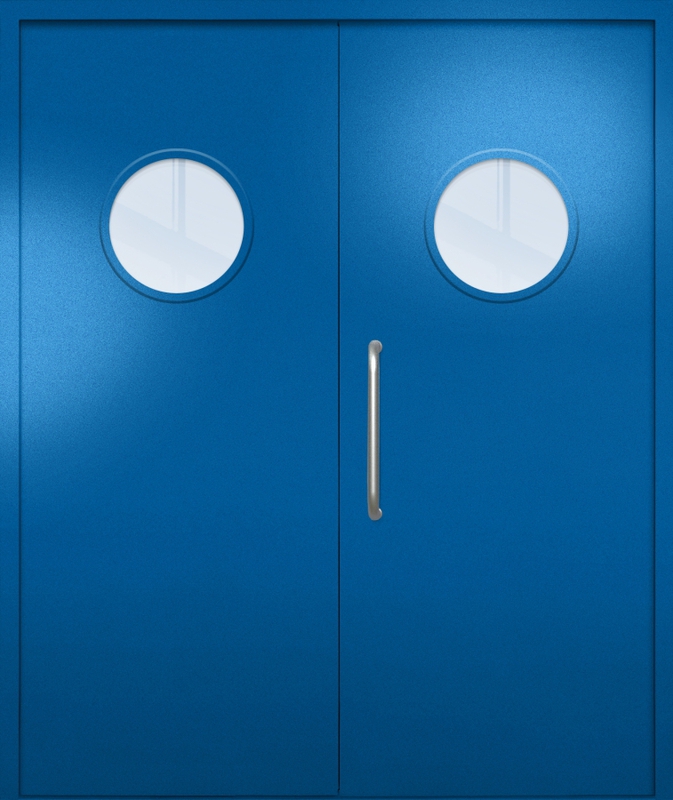 Двупольная техническая дверь с ручкой-скобой и круглыми стеклопакетами, окрас по RAL 5002