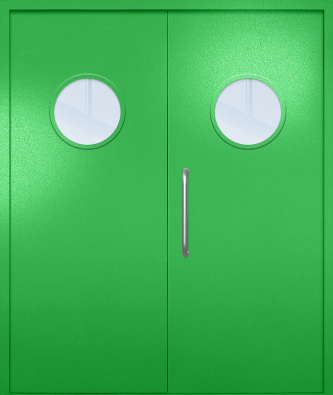 Двупольная техническая дверь с ручкой-скобой и круглыми стеклопакетами, окрас по RAL 6037