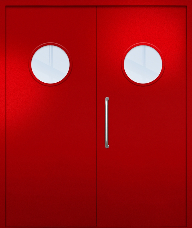 Двупольная техническая дверь с ручкой-скобой и круглыми стеклопакетами, окрас по RAL 3003