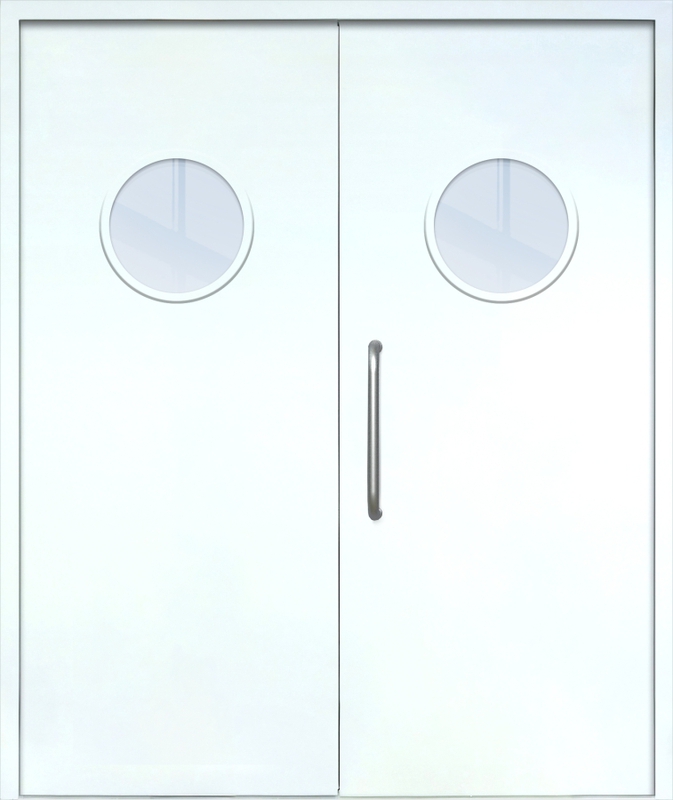 Двупольная техническая дверь с ручкой-скобой и круглыми стеклопакетами, окрас по RAL 9003
