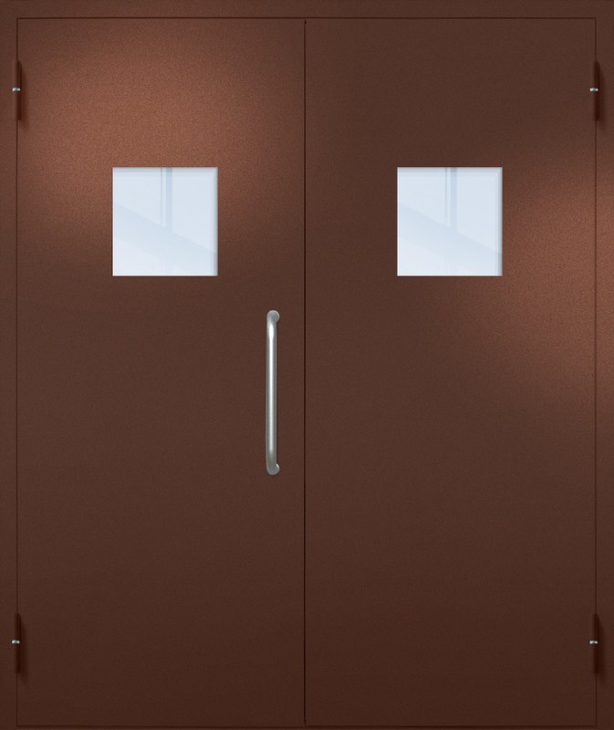 Двупольная техническая дверь с ручкой-скобой и квадратными стеклопакетами, окрас по RAL 8016