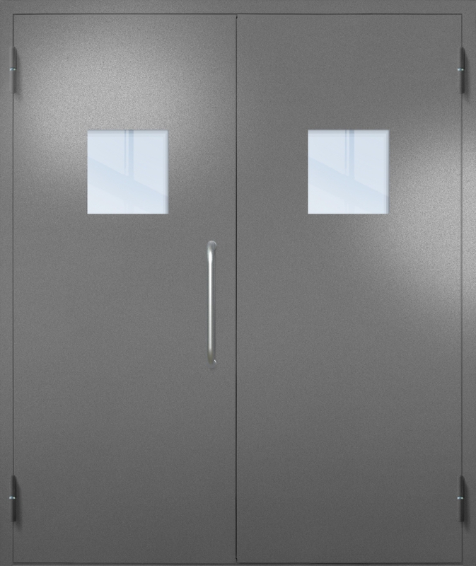 Двупольная техническая дверь с ручкой-скобой и квадратными стеклопакетами, окрас по RAL 7001