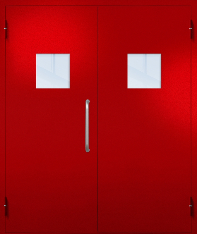 Двупольная техническая дверь с ручкой-скобой и квадратными стеклопакетами, окрас по RAL 3003