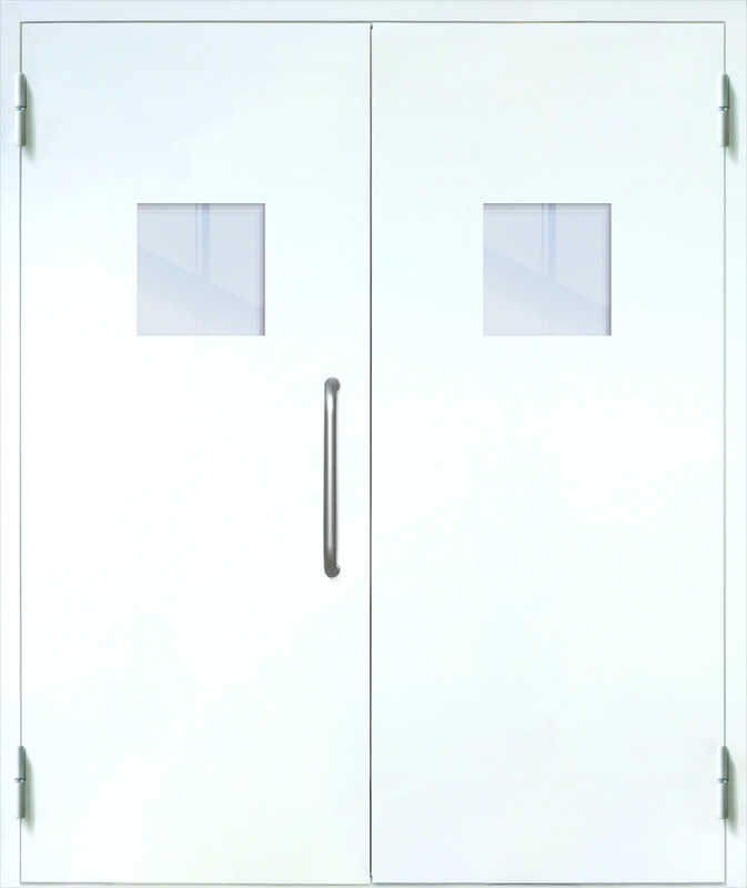 Двупольная техническая дверь с ручкой-скобой и квадратными стеклопакетами, окрас по RAL 9003