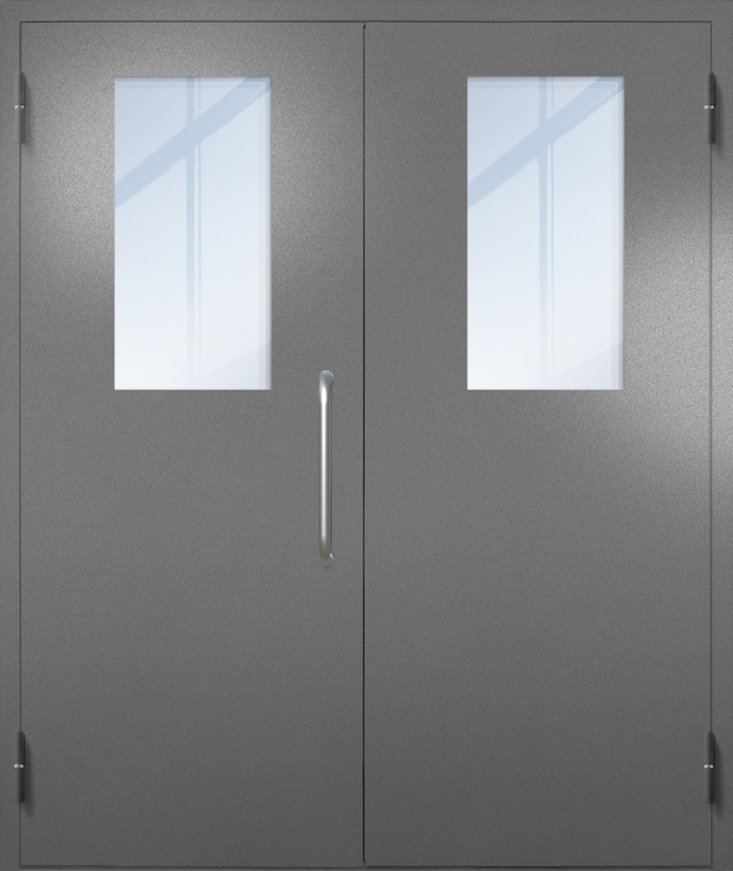 Двупольная техническая дверь с ручкой-скобой и широкими стеклопакетами, окрас по RAL 7001
