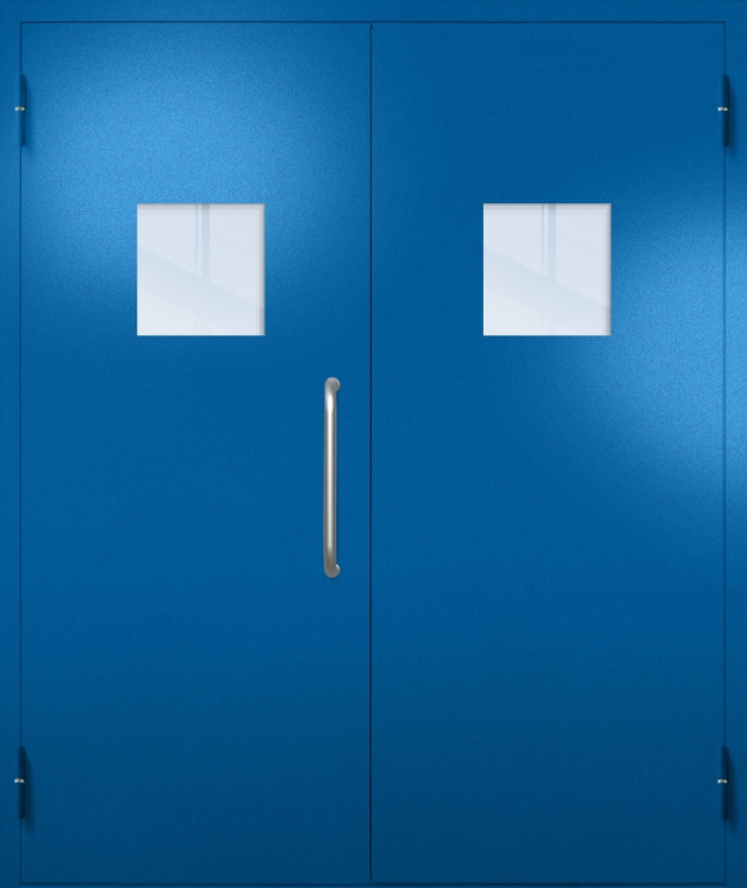 Двупольная техническая дверь с ручкой-скобой и квадратными стеклопакетами, окрас по RAL 5002