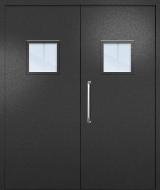 Двупольная техническая дверь с ручкой-скобой и квадратными стеклопакетами, окрас по RAL 9004