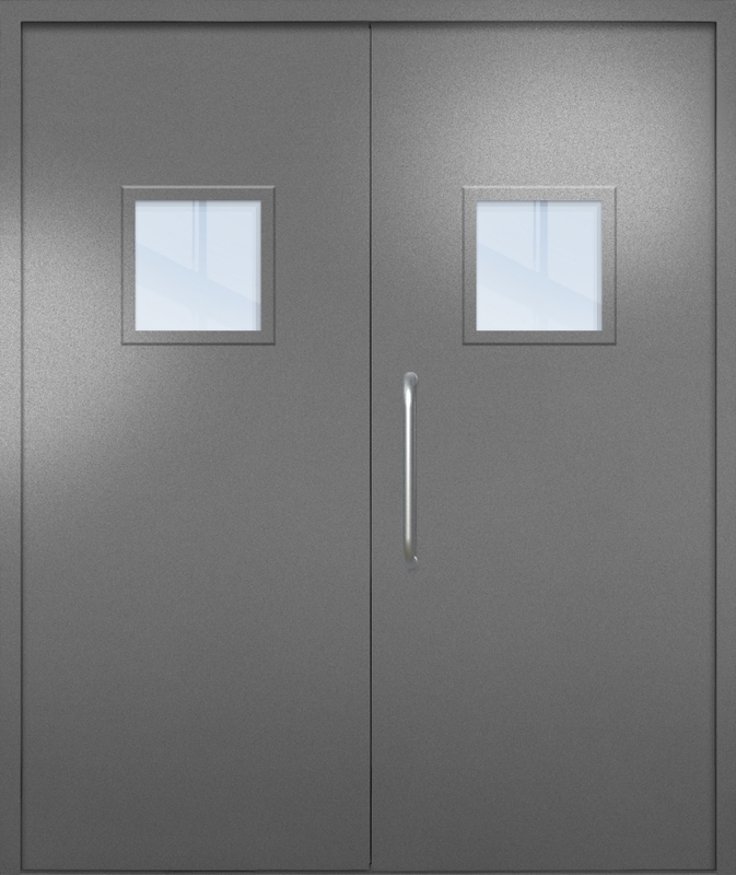 Двупольная техническая дверь с ручкой-скобой и квадратными стеклопакетами, окрас по RAL 7001