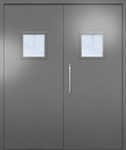 Двупольная техническая дверь с ручкой-скобой и квадратными стеклопакетами, окрас по RAL 7001