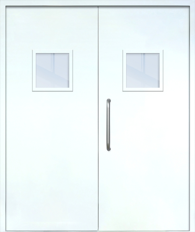 Двупольная техническая дверь с ручкой-скобой и квадратными стеклопакетами, окрас по RAL 9003