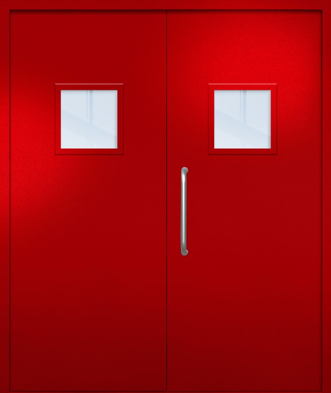 Двупольная техническая дверь с ручкой-скобой и квадратными стеклопакетами, окрас по RAL 3003