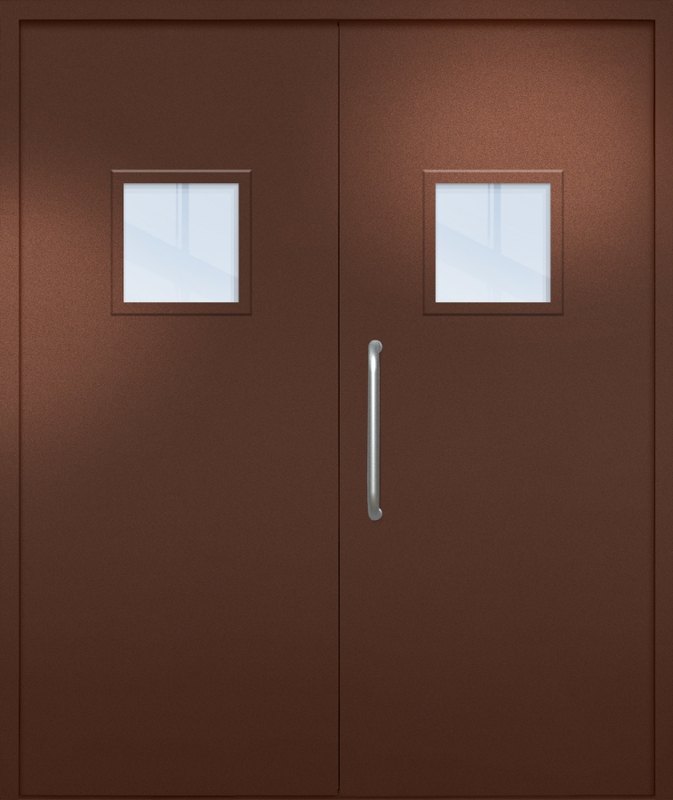 Двупольная техническая дверь с ручкой-скобой и квадратными стеклопакетами, окрас по RAL 8016