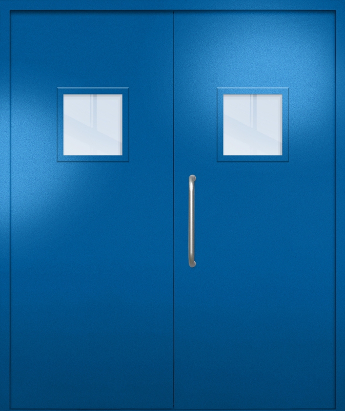 Двупольная техническая дверь с ручкой-скобой и квадратными стеклопакетами, окрас по RAL 5002