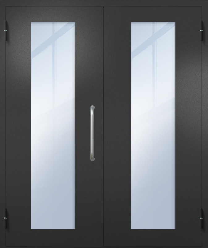 Двупольная техническая дверь с ручкой-скобой и максимальными стеклопакетами, окрас по RAL 9004 Двупольная техническая дверь с ручкой-скобой и максимальными стеклопакетами, окрас по RAL 9004