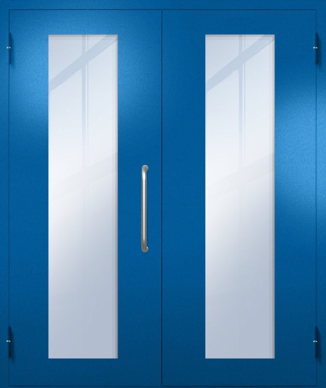 Двупольная техническая дверь с ручкой-скобой и максимальными стеклопакетами, окрас по RAL 5002