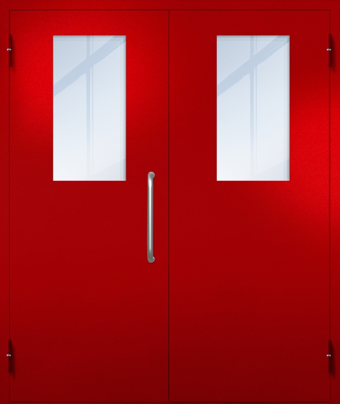 Двупольная техническая дверь с ручкой-скобой и широкими стеклопакетами, окрас по RAL 3003