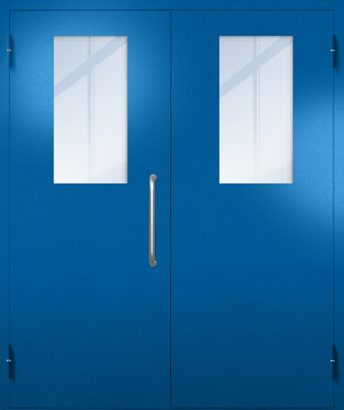 Двупольная техническая дверь с ручкой-скобой и широкими стеклопакетами, окрас по RAL 5002