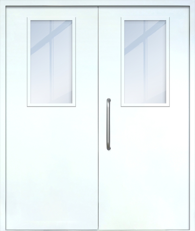 Двупольная техническая дверь с ручкой-скобой и широкими стеклопакетами, окрас по RAL 9003