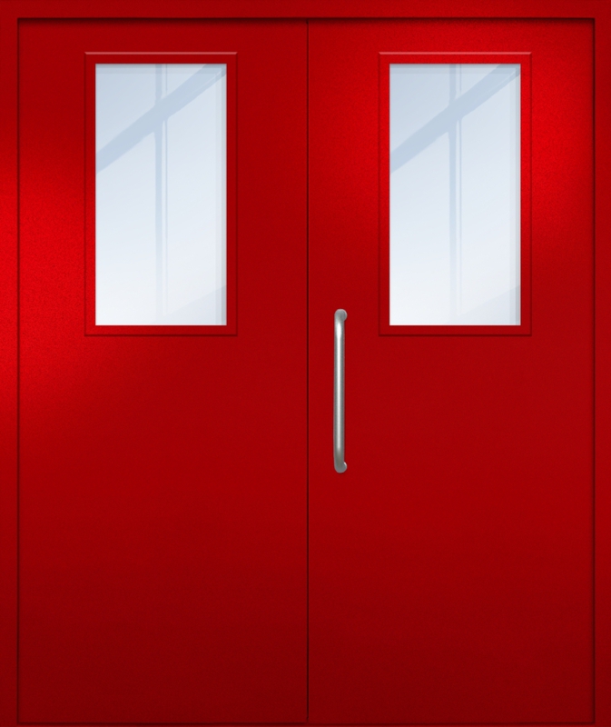 Двупольная техническая дверь с ручкой-скобой и широкими стеклопакетами, окрас по RAL 3003