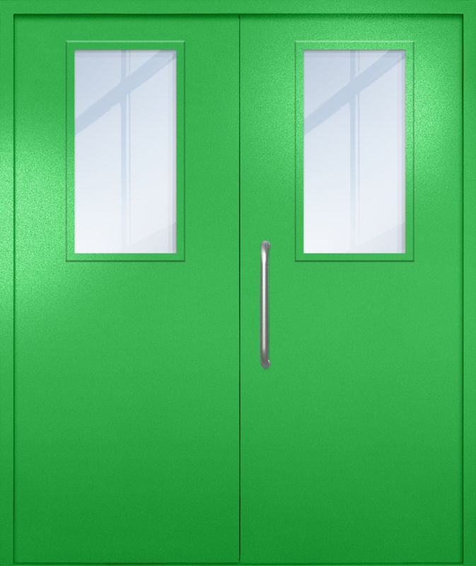 Двупольная техническая дверь с ручкой-скобой и широкими стеклопакетами, окрас по RAL 6037