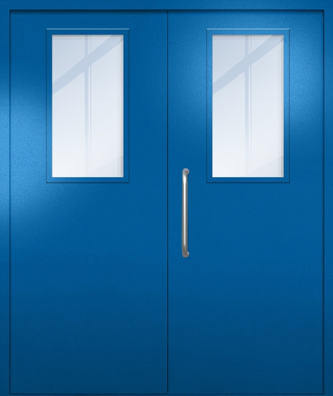 Двупольная техническая дверь с ручкой-скобой и широкими стеклопакетами, окрас по RAL 5002