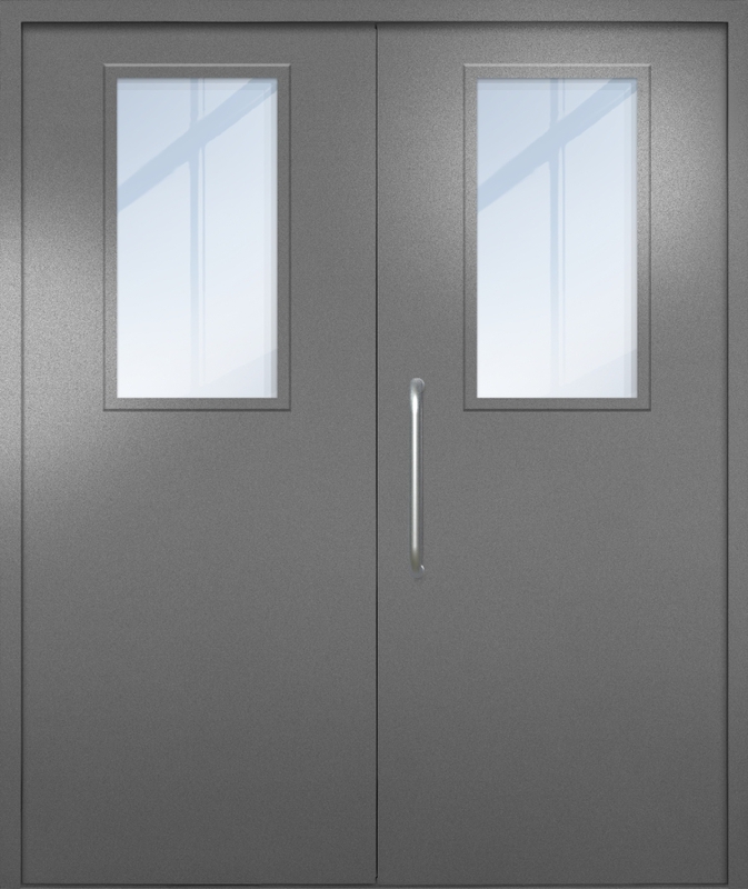 Двупольная техническая дверь с ручкой-скобой и широкими стеклопакетами, окрас по RAL 7001