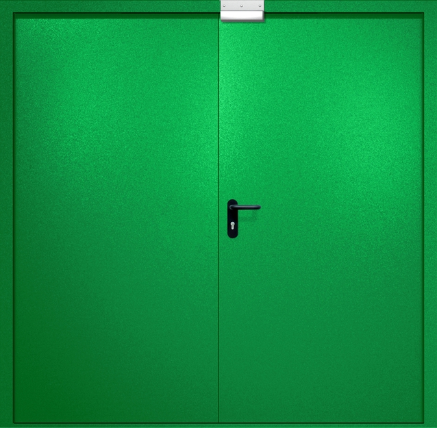 Двупольная противопожарная дверь EI-60 с электромагнитным замком, окрас по RAL 6037 Двупольная противопожарная дверь EI-60 с электромагнитным замком, окрас по RAL 6037