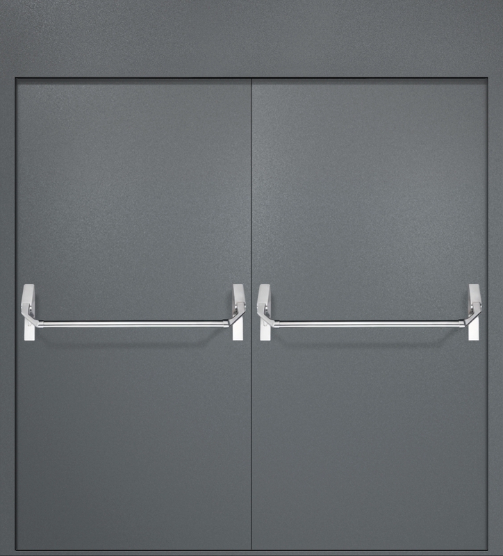 Двупольная противопожарная дверь EI-60 с верхней вставкой и ручками «Антипаника», окрас по RAL 7001