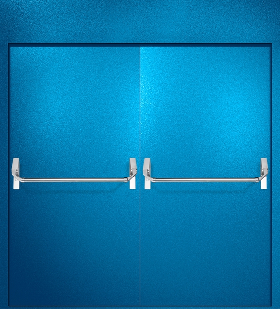 Двупольная противопожарная дверь EI-60 с верхней вставкой и ручками «Антипаника», окрас по RAL 5002