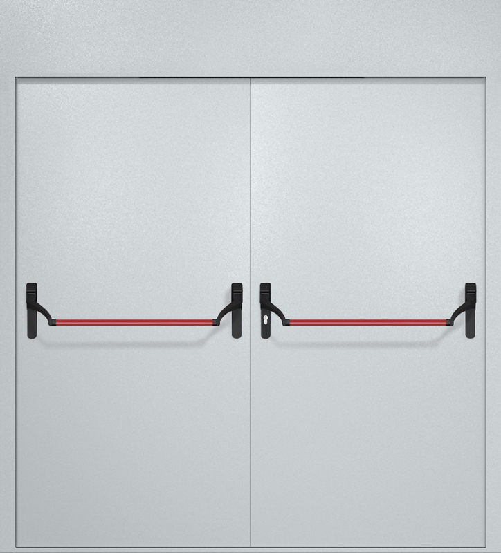 Двупольная противопожарная дверь EI-60 с верхней вставкой и ручками «Антипаника», окрас по RAL Двупольная противопожарная дверь EI-60 с верхней вставкой и ручками «Антипаника», окрас по RAL