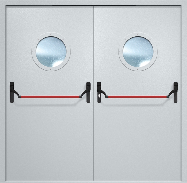 Двупольная противопожарная дверь EI-60 с круглыми стеклопакетами и ручками «Антипаника», окрас по RAL