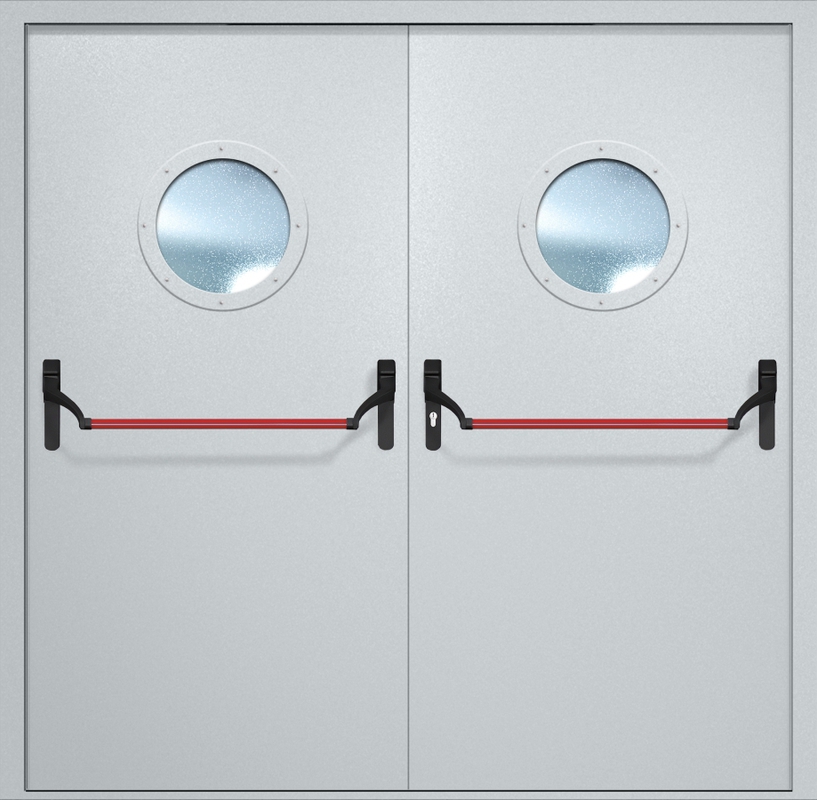 Двупольная противопожарная дверь EI-60 с круглыми стеклопакетами и ручками «Антипаника», окрас по RAL