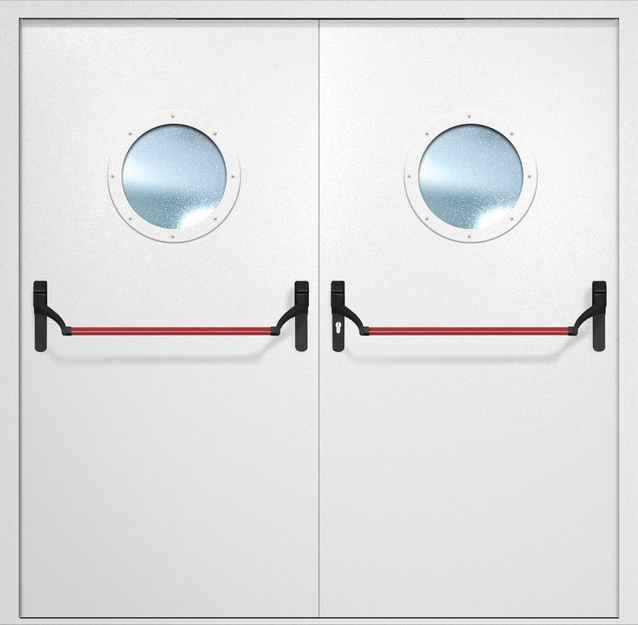 Двупольная противопожарная дверь EI-60 с круглыми стеклопакетами и ручками «Антипаника», окрас по RAL 9003