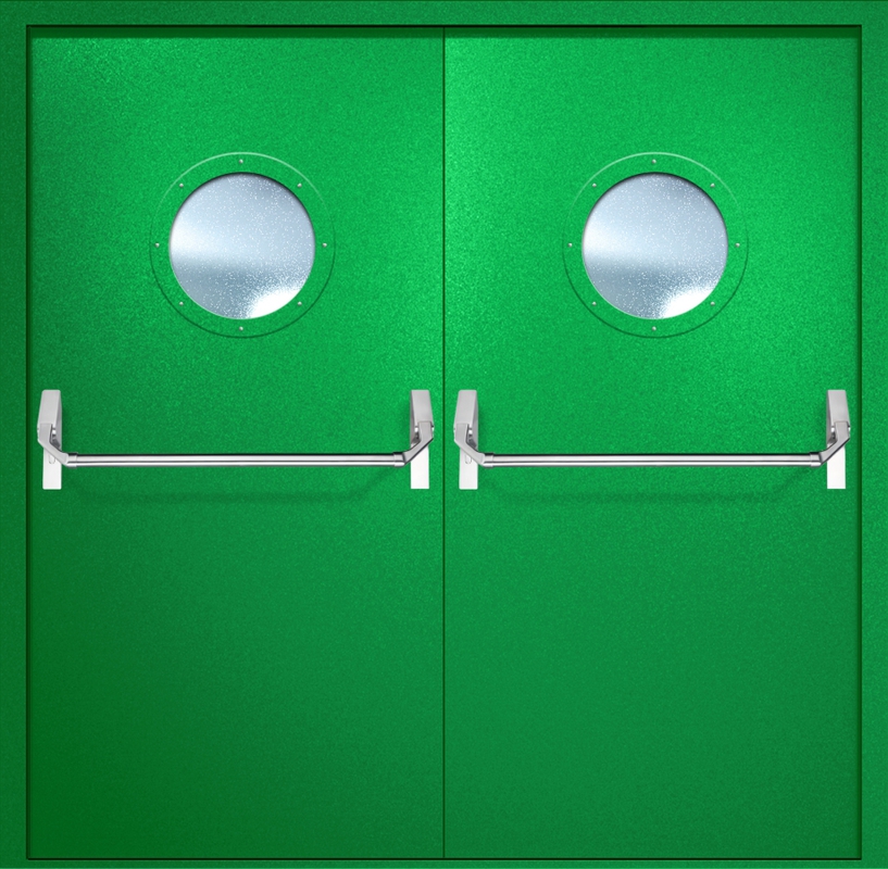 Двупольная противопожарная дверь EI-60 с круглыми стеклопакетами и ручками «Антипаника», окрас по RAL 6037