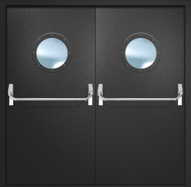 Двупольная противопожарная дверь EI-60 с круглыми стеклопакетами и ручками «Антипаника», окрас по RAL 9004