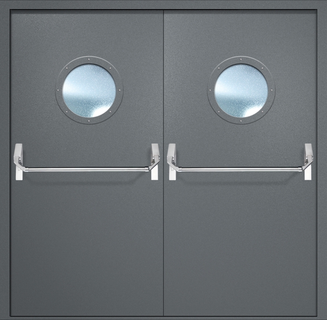 Двупольная противопожарная дверь EI-60 с круглыми стеклопакетами и ручками «Антипаника», окрас по RAL 7001