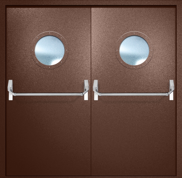 Двупольная противопожарная дверь EI-60 с круглыми стеклопакетами и ручками «Антипаника», окрас по RAL 8016 Двупольная противопожарная дверь EI-60 с круглыми стеклопакетами и ручками «Антипаника», окрас по RAL 8016